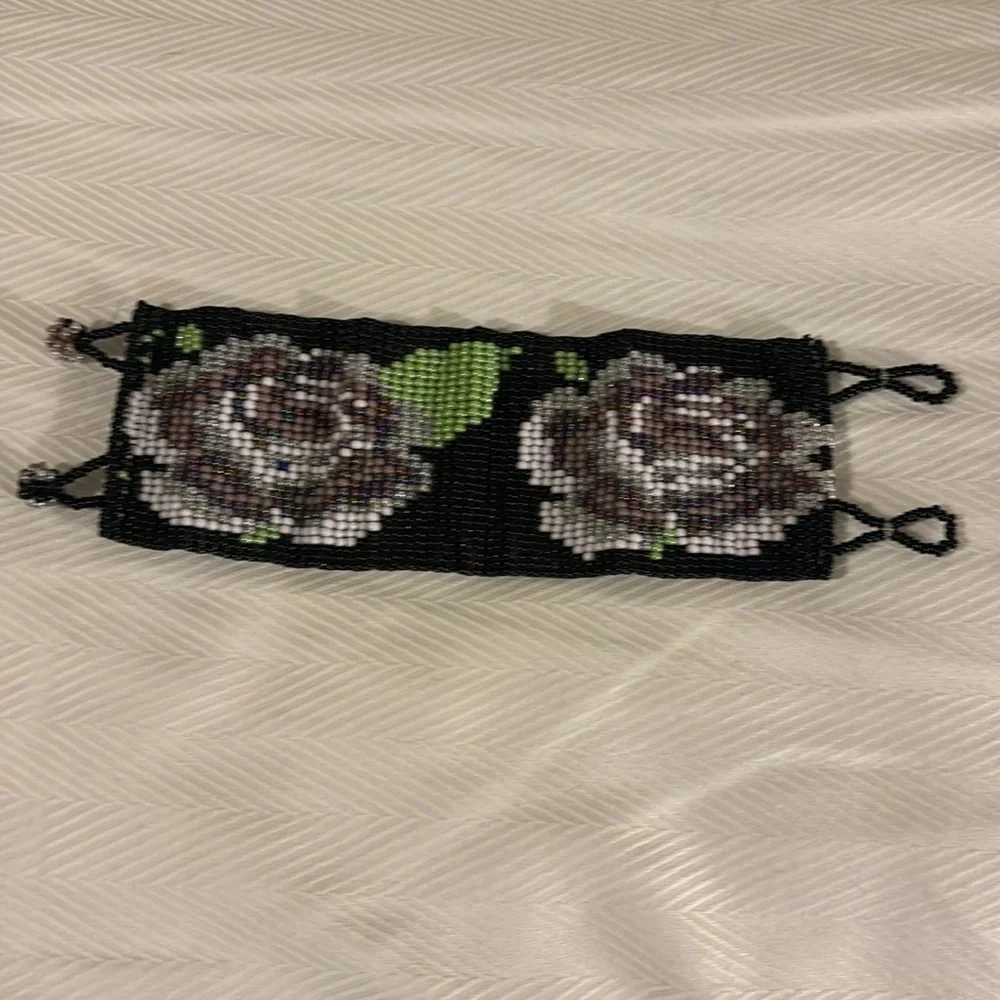 Elegant Black Beaded Floral Bracelet hand beaded